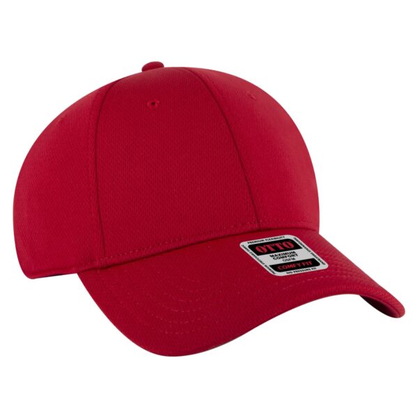 A red six-panel baseball cap featuring a branded logo. The cap has a fitted design with a smooth surface.