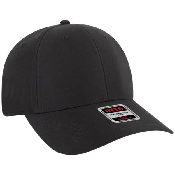 A black six-panel baseball cap with a logo, featuring a curved brim and adjustable strap at the back.