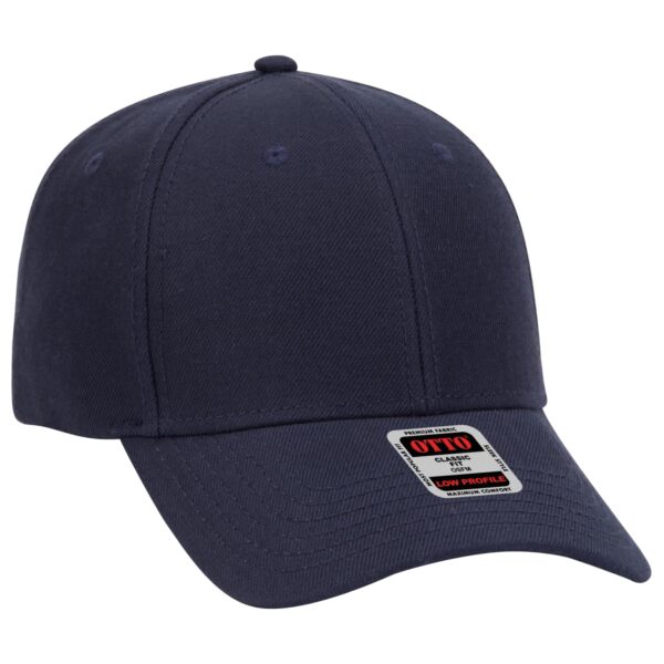 A navy blue 6-panel baseball cap with a curved brim and a tag. The cap features a logo on the front.