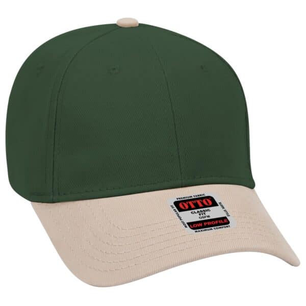 A green 6-panel baseball cap with a beige brim and a logo on the side.