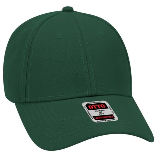 A green six-panel baseball cap with a low-profile design and a logo on the front.