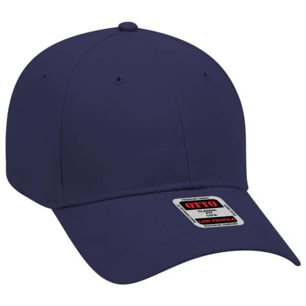 A navy blue six-panel baseball cap with a curved brim and a logo.