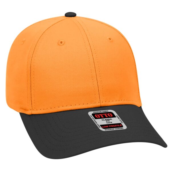 A 6 panel baseball cap featuring an orange crown and a black visor, with a logo on the front.