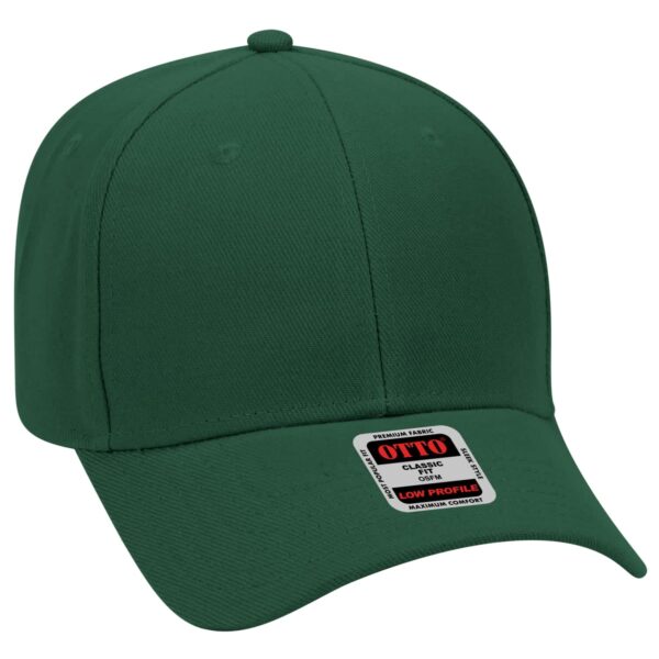 A green 6 panel baseball cap with a low profile design and a label attached.