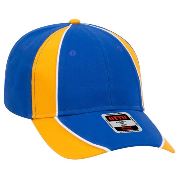A blue and yellow 6 panel baseball cap with a logo on the front. The cap features a contrasting design.