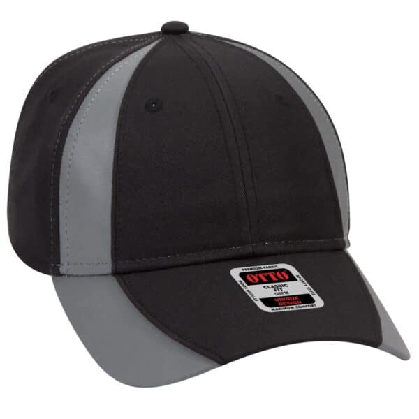 A black and grey 6 panel baseball cap featuring a logo on the front.