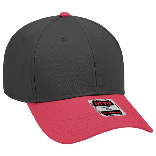 A six-panel baseball cap featuring a grey crown and a pink peak. It includes a logo on the side.