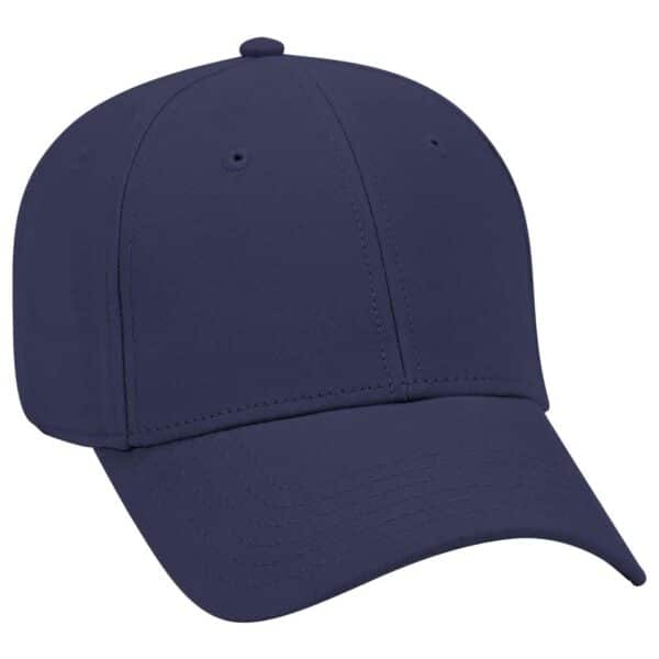 A navy blue six-panel baseball cap with a curved brim and a branded logo.
