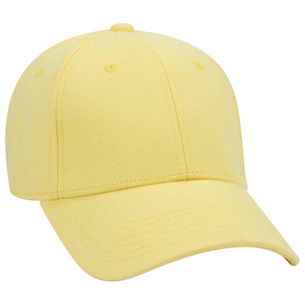 A yellow 6 panel baseball cap with a curved brim and a logo on the side.