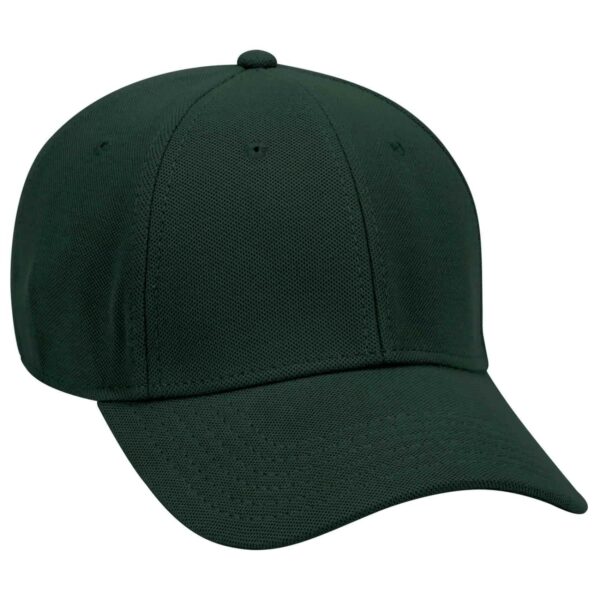 A dark green 6 panel baseball cap featuring a rounded crown and a curved brim, with a logo on the front.