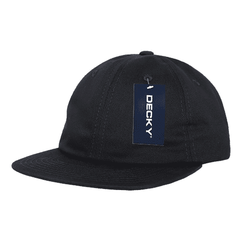 A flat bill cotton cap in black with a tag attached, showcasing a simple and stylish design.