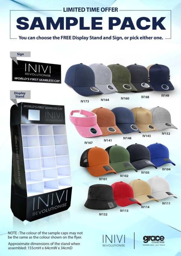 A display of various caps in multiple colours, along with a promotional stand and sign featuring a logo.