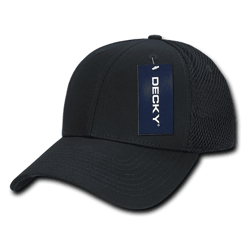 A black low crown mesh baseball cap with a tag attached, featuring a logo on the side.