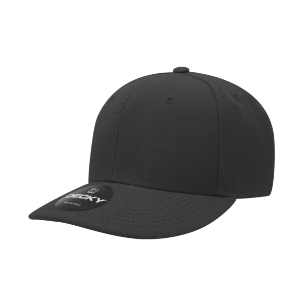 A black six-panel cap with a structured design and a branded tag on the front.