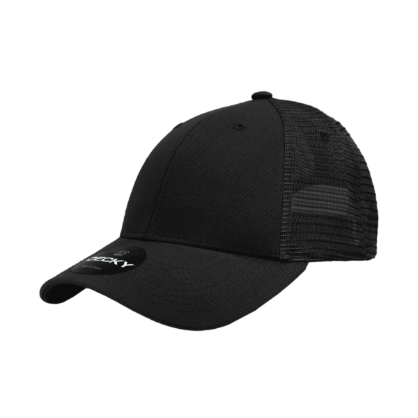 A black 6-panel low profile cotton trucker hat with a mesh back and a logo on the front.