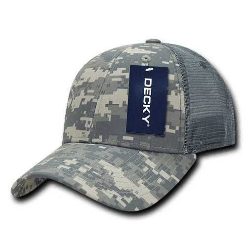 A 6-panel low-profile cap in grey camo with a mesh back and a logo tag.