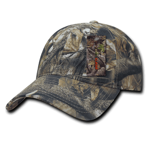 A camouflage 6 panel low pro hybrid dad hat with a logo, featuring a textured natural pattern.