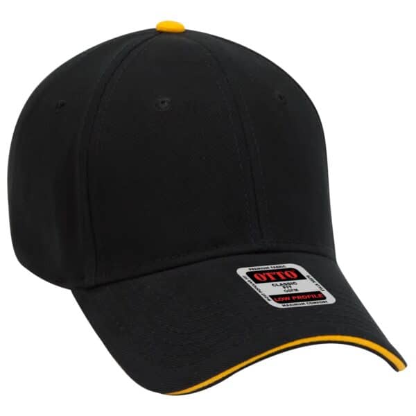 A black 6 panel baseball cap with a yellow accent and a logo on the front.