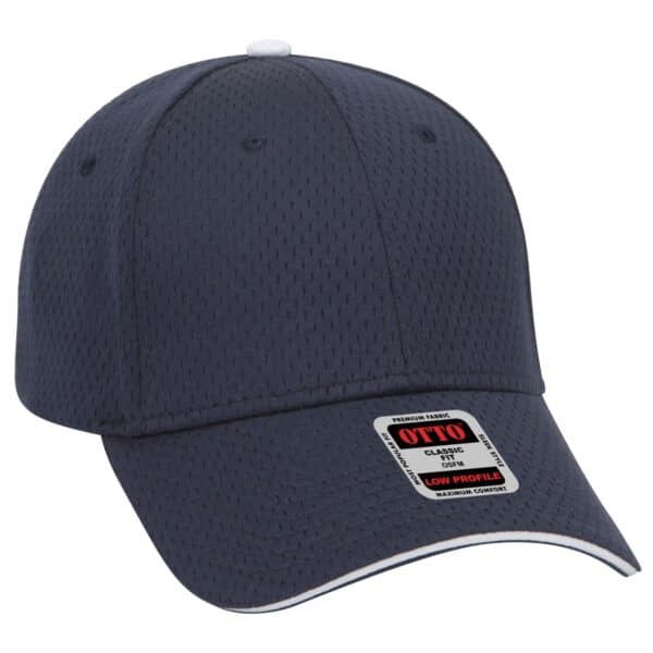 A navy blue 6-panel baseball cap with a white accent and a logo. The cap features a low-profile design.