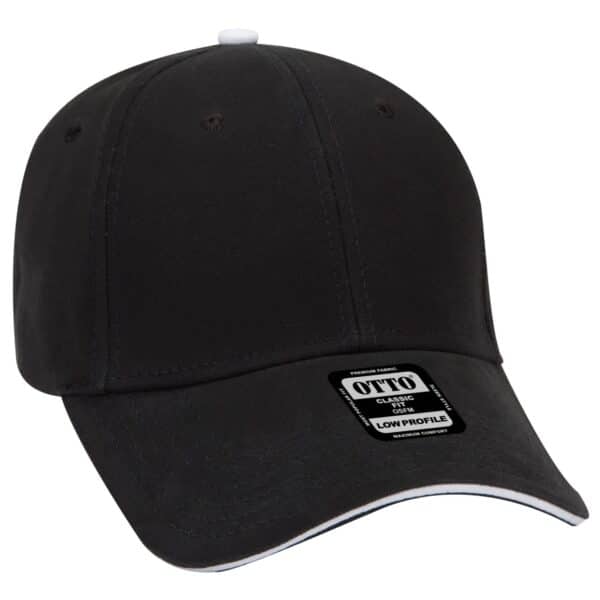 A black 6-panel baseball cap with a low profile, featuring a white accent on the brim and a logo.