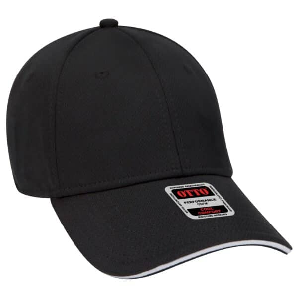 A black 6 panel baseball cap with a curved visor and a branding logo on the front.