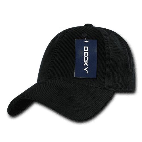 A black corduroy cap with a curved brim and a tag, featuring a logo on the front.