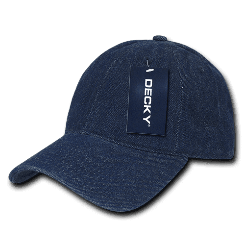 A navy denim cap featuring a curved brim and a logo tag on one side.