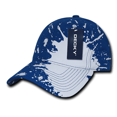 A blue and white splattered 6 Panel Low Pro Dad Hat with a branded tag.