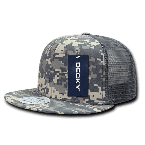 A grey camo 6 Panel High Pro Ripstop Trucker cap with a mesh back and a logo tag.