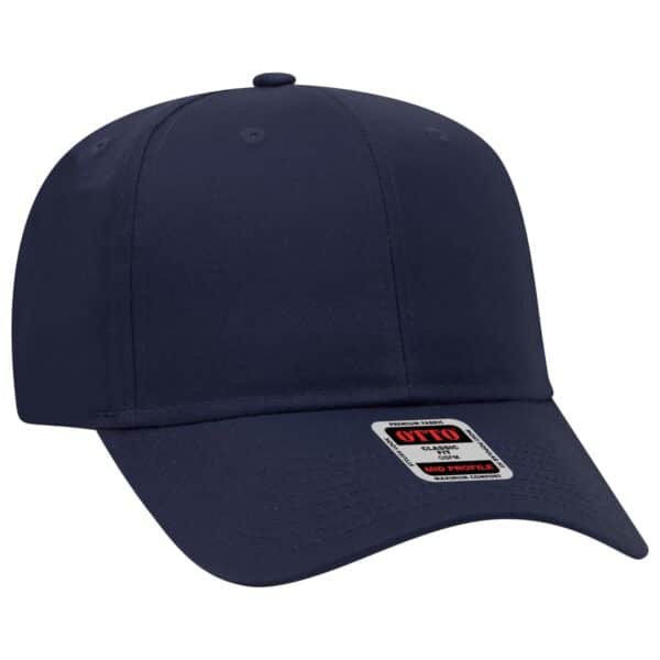 A navy blue 6 panel baseball cap with a logo on the front and a straight peak.