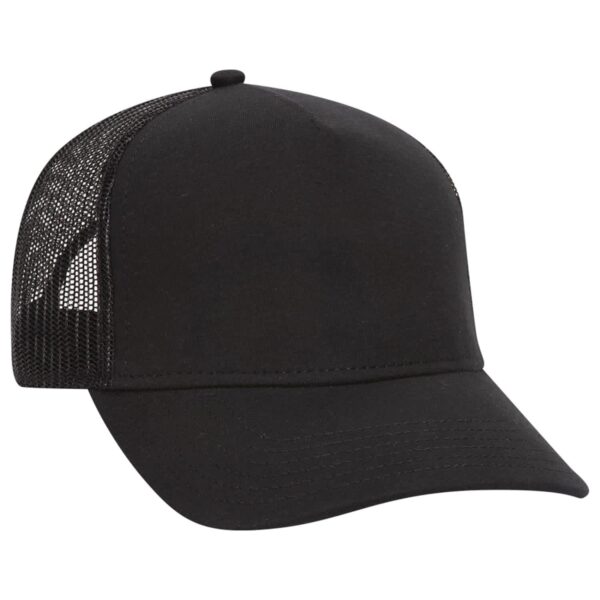 A black 5 panel trucker hat with a solid front and mesh sides, featuring a curved peak and a logo.