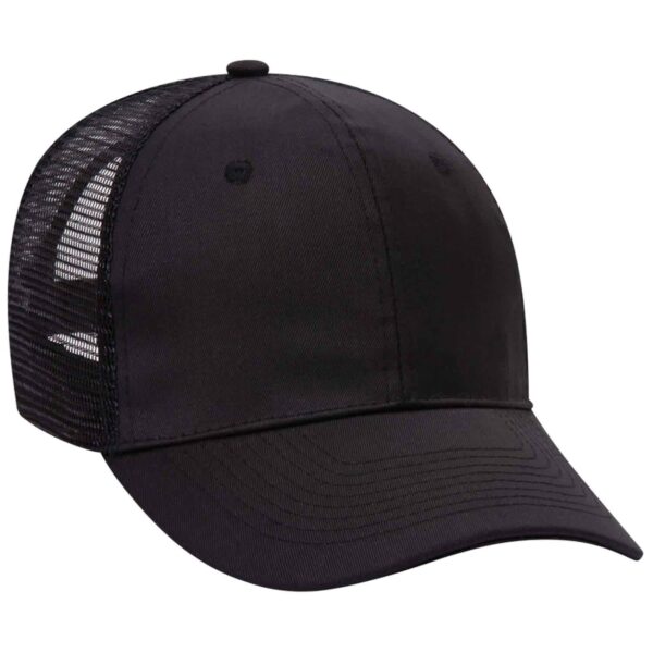 A black 6 panel trucker hat with a solid front and mesh back, featuring a logo on the front.