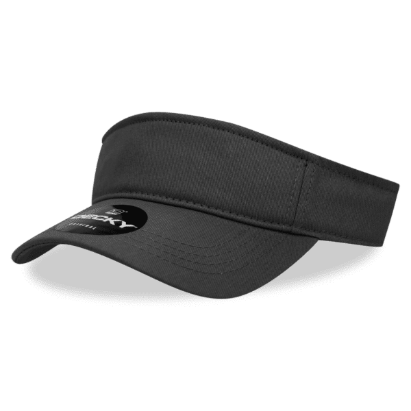 A cotton visor in black with a curved brim and a logo on the front.