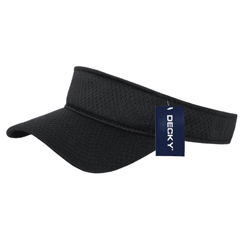 A black mesh jersey visor with a branded tag attached, featuring a wide brim and a comfortable fit.