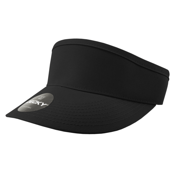 A black visor cap featuring a wide brim and a logo on the front.