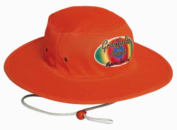 An orange luminescent safety hat with a wide brim and a chin strap, featuring a logo on the front.