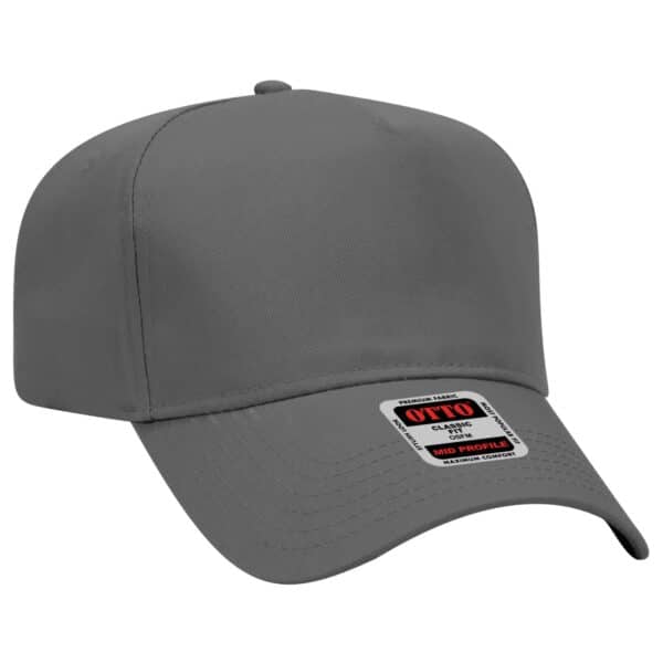 A grey 5 panel baseball cap featuring a structured design and a logo on the label.