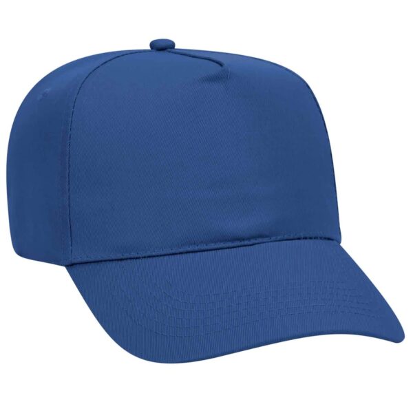 A blue 5 panel baseball cap with a curved brim and a top button, featuring a logo.