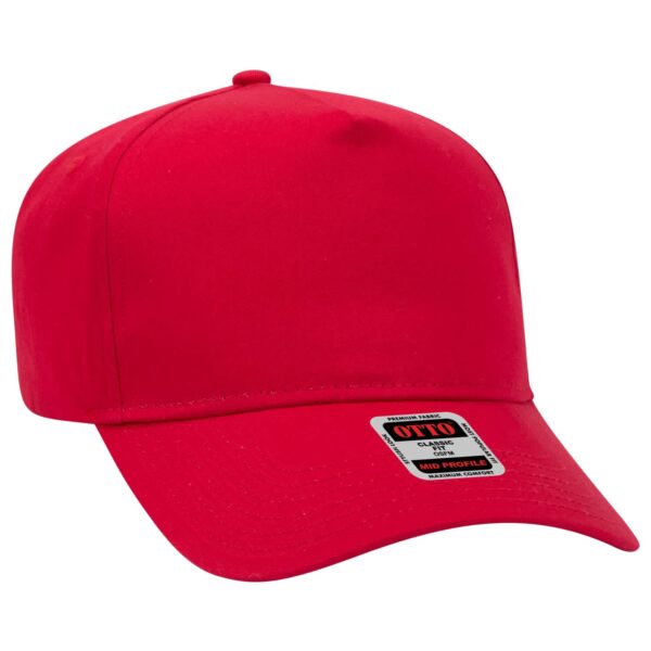 A red 5 panel baseball cap with a mid profile design and a branding label on the side.