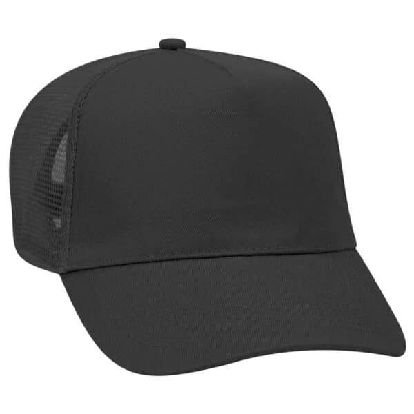 A black 5-panel trucker hat featuring a solid front panel and mesh sides, with a curved brim and a logo.