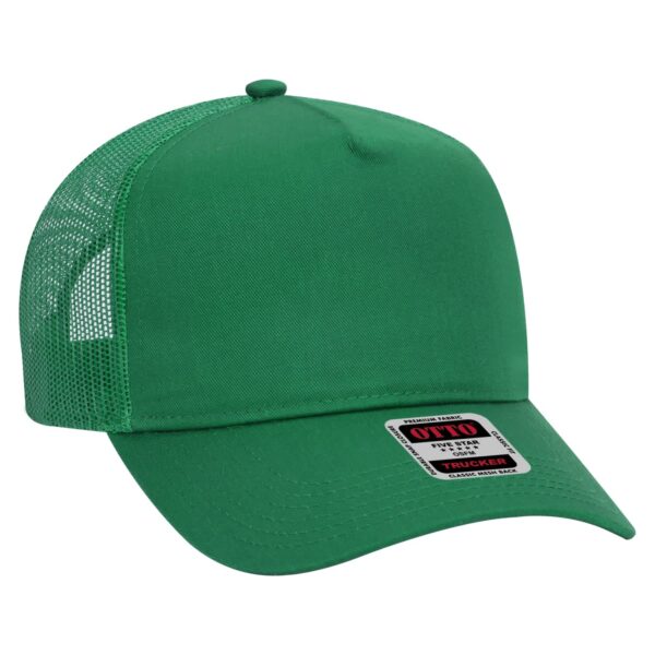 A green 5 panel trucker hat featuring a mesh back and a logo on the side.