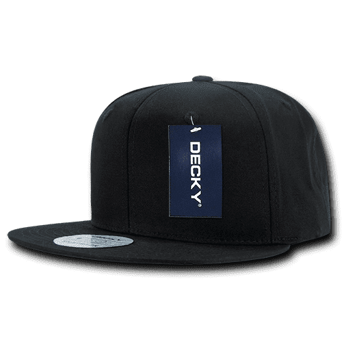 A black 6 panel snapback cap made from a cotton/poly blend, featuring a branding tag.