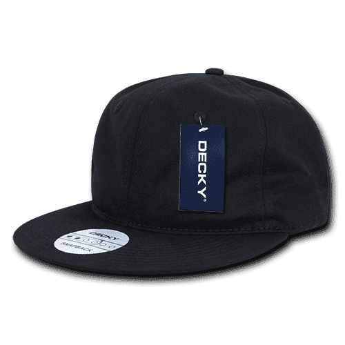 A black 6-panel high pro cotton snapback cap with a tag and a circular label on the brim.
