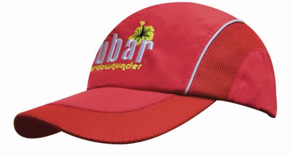 A red woven fabric cap with mesh side panels and peak, featuring a logo on the front.