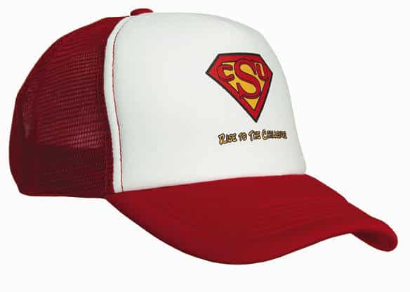 A red and white trucker mesh cap featuring a logo on the front and a curved brim.