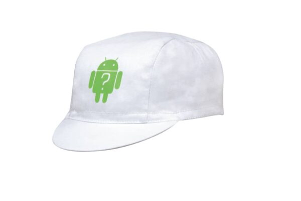 A white cycling cap featuring a green logo on the front. The cap has a classic cycling style.