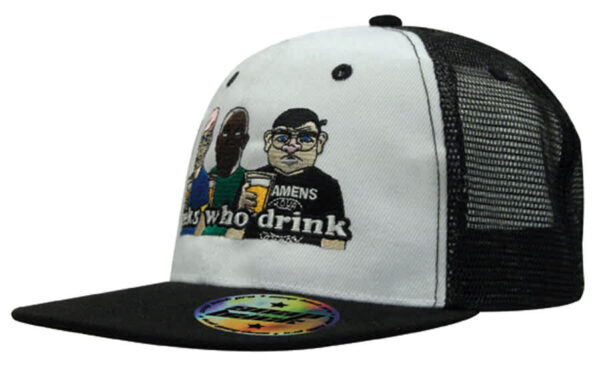 A premium twill cap featuring a white front, black mesh back, and a snapback closure, with an embroidered design.