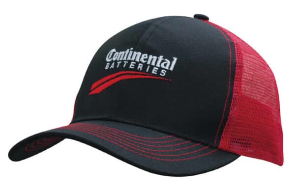 A black cap with a red mesh back, featuring a logo on the front.