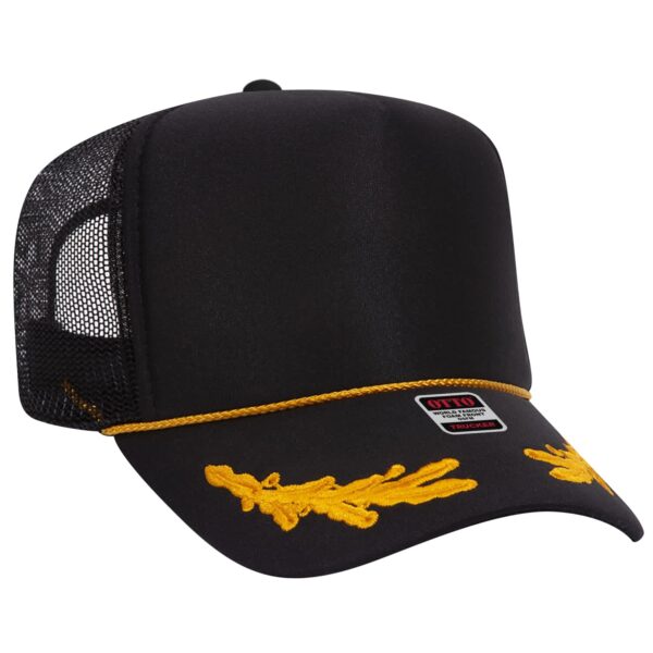 A black 5-panel trucker hat with a yellow embroidered design and a mesh back, featuring a logo on the front.