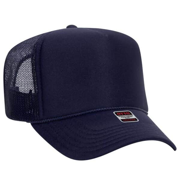 A navy 5 Panel Trucker Hat with a mesh back and a branded label on the front.